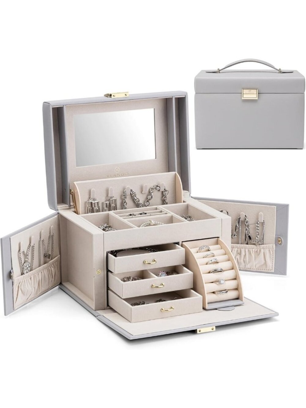 Elegant Grey Mirrored Jewelry Box Organizer with Multiple Compartments & Velvet